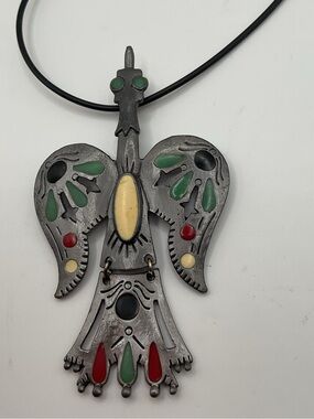 Vintage Native American Style Phoenix Bird Pewter Enamel Pendant Necklace